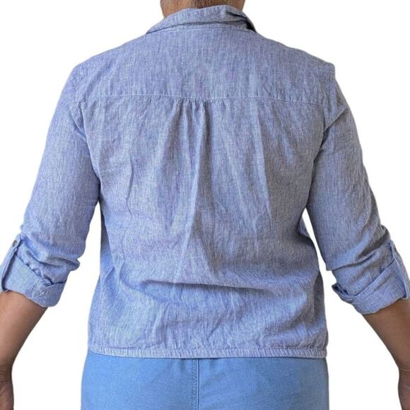 JM Collection Blue White Striped Textured Button Down Collared Shirt Top Size 8 - Picture 5 of 6